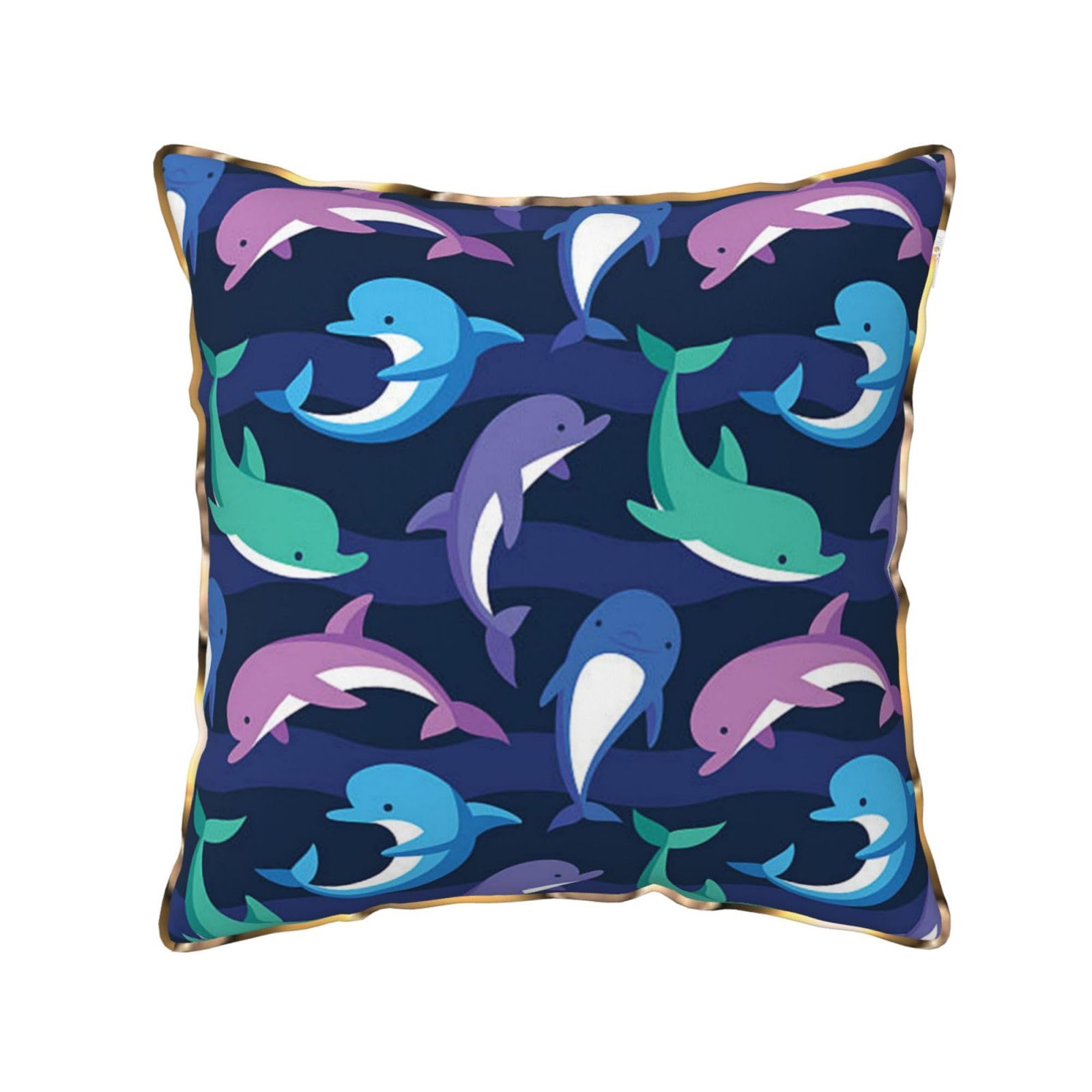 AUBKFELD dolphin Printed Velvet Cushion Cover 40x40 CM with Gold Edging Strip, Square Pillowcase Soft Throw Pillow Covers Case Decorative for Living Room Sofa Couch Bed Bench