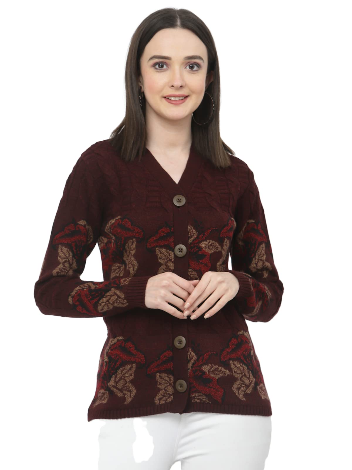 kalt Women Sweater for Winter Woolen Acrylic Full Sleeves V Neck Floral Design Cardigan Sweater for Women Winter Woollen Stylish(Dark Maroon;6XL)-picture-20