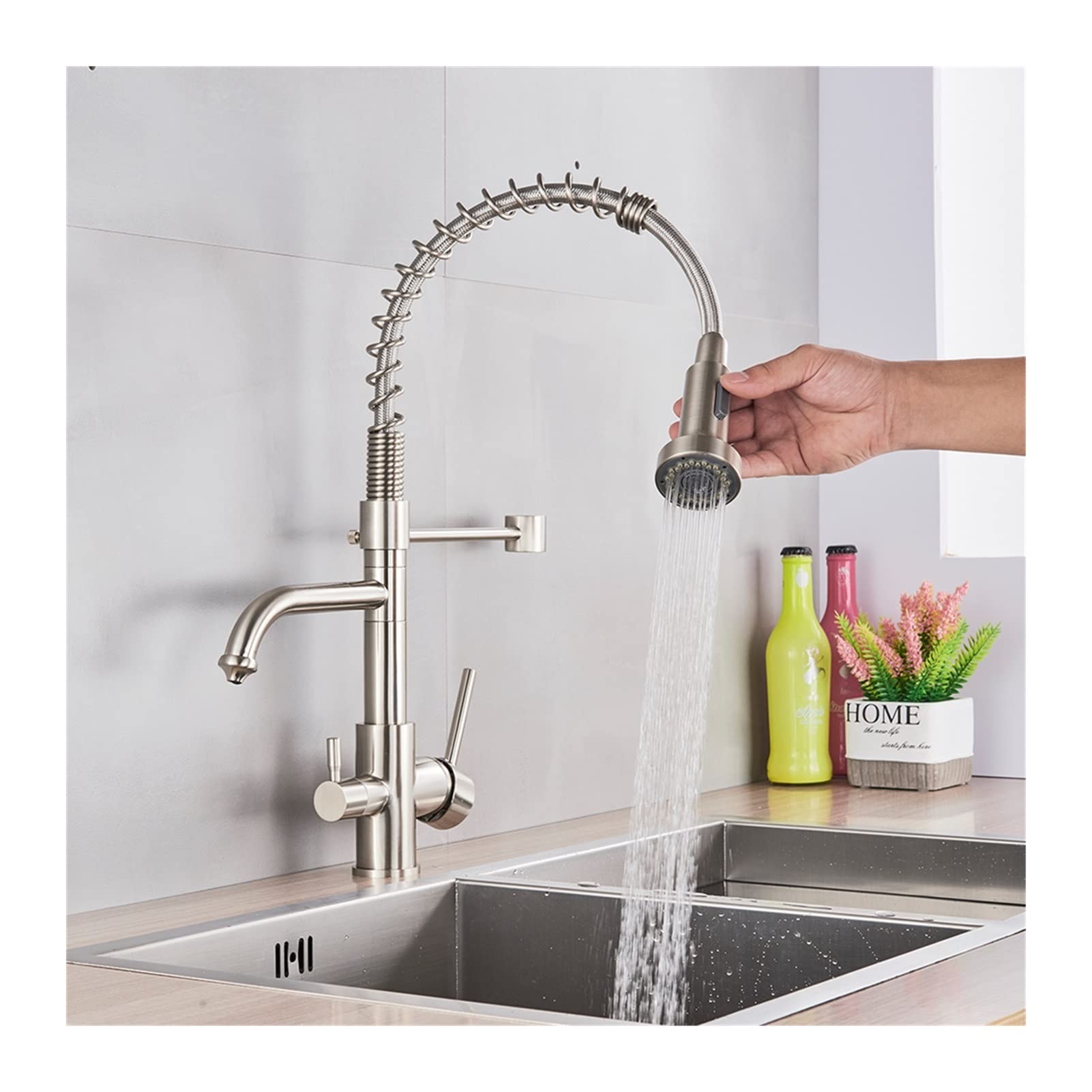 Grifo de cocina, rotación de 360 ​​grados, grifo de cocina de agua filtrada potable, grifo de caño giratorio doble, grifo de fregadero de cocina de níquel cepillado/cromo Comfortable anniversary