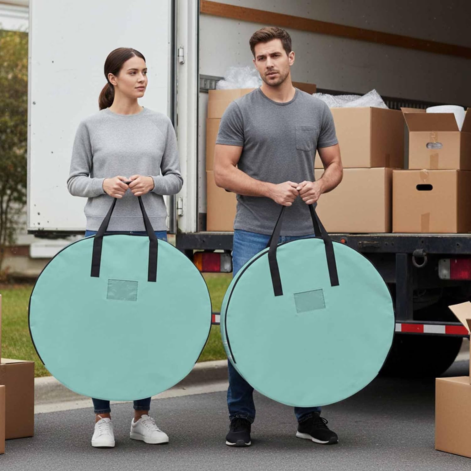 Solid Color Round Storage Bag 36 Inch, Light Cyan Clothes Storage Container with Handles Heavy Duty Organizer for Comforter, Bedding & Holiday Wreaths