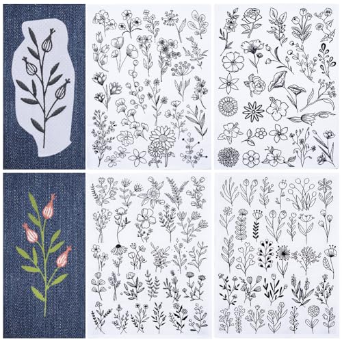 CRASPIRE 109Pcs Flower Leaves Water Soluble Embroidery Stabilizers Plants Hand Sewing Stick and Stitch Transfers Paper Wash Away Pre-Printed Self Adhesive Patterns for Bags Cloth Sewing Lovers