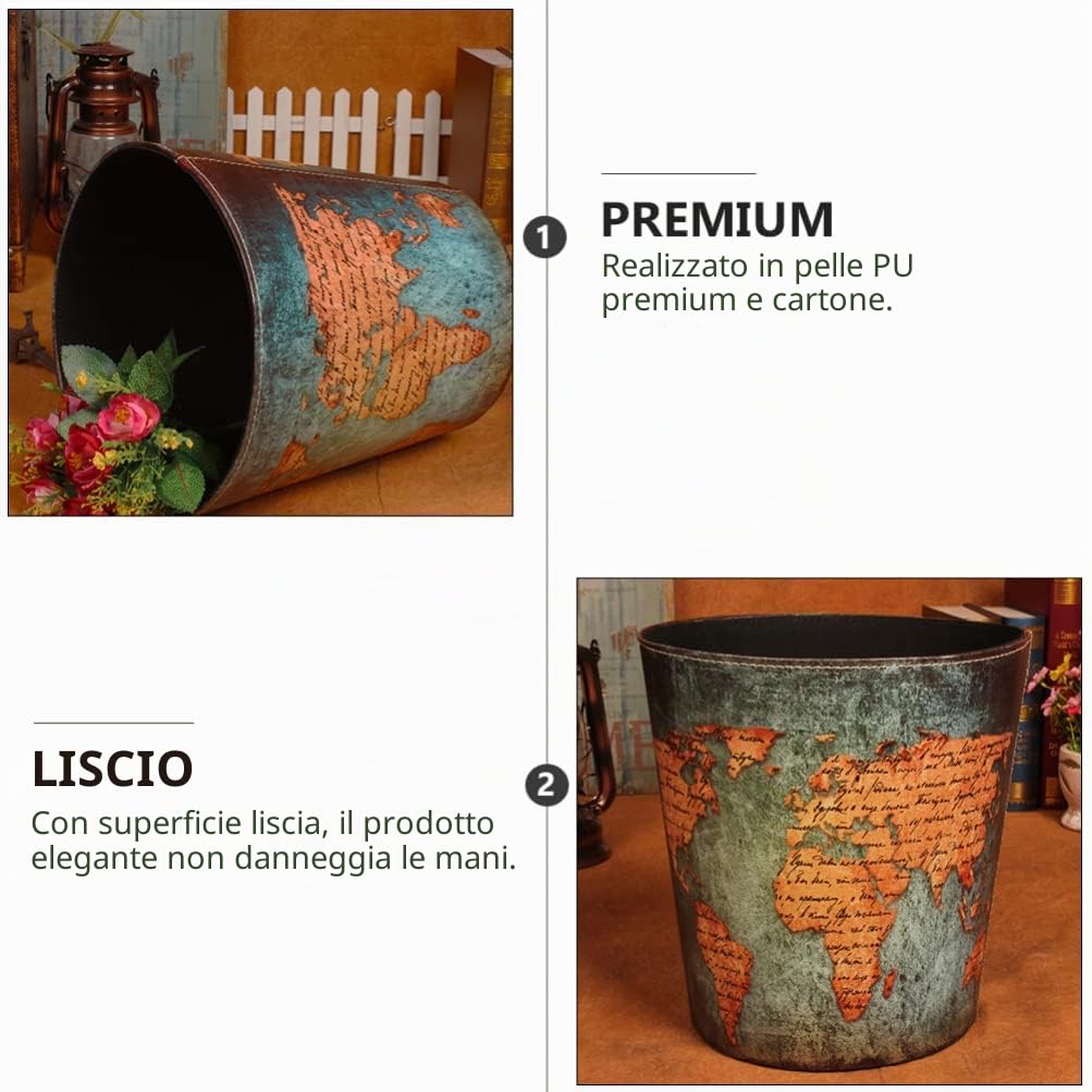 Cestino Getta Carte Vintage Decò 1 Pezzo in Pelle Pu | Struttura Cartone, Superficie Liscia, Apertura Ampia, per Lavanderia e Ufficio