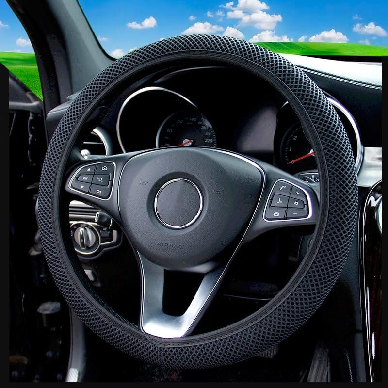 Miniatura 3 de Funda elástica transpirable para volante, fresca en verano y cálida en invierno, tela de microfibra suave de seda de hielo, universal de 14.5-15