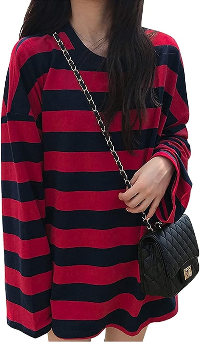 CERYIWER Women Harajuku Fashion Shirts Oversized Striped Color Block Tunic Tops Casual Long Sleeve Loose Clothes