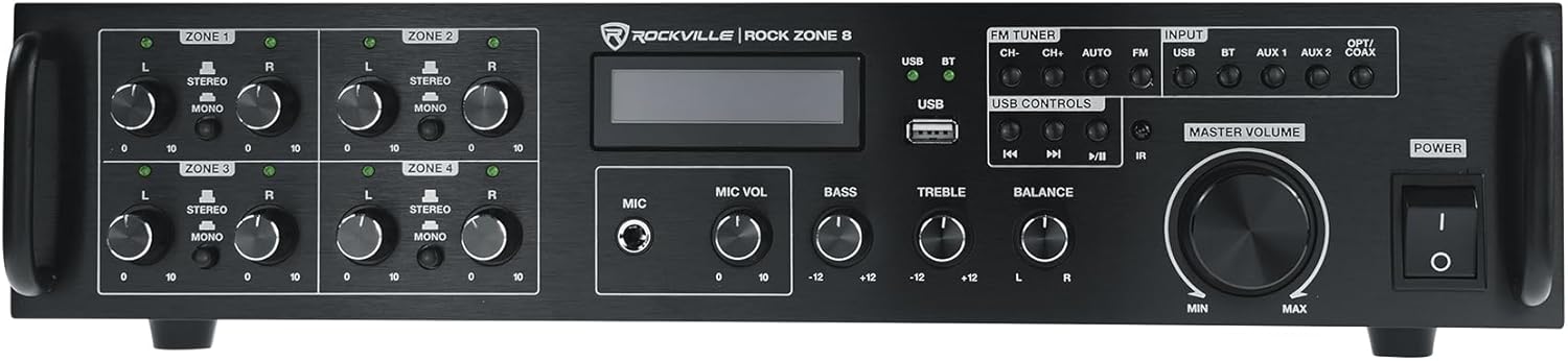 Rockville Rock Zone 8 1000W RMS 8-Channel 8-Zone Amplifier, Bluetooth, USB, Optical/Coaxial/RCA Inputs, Mic/FM, Rack-Mountable, for Multi-Room Home or Commercial Audio - Image 2
