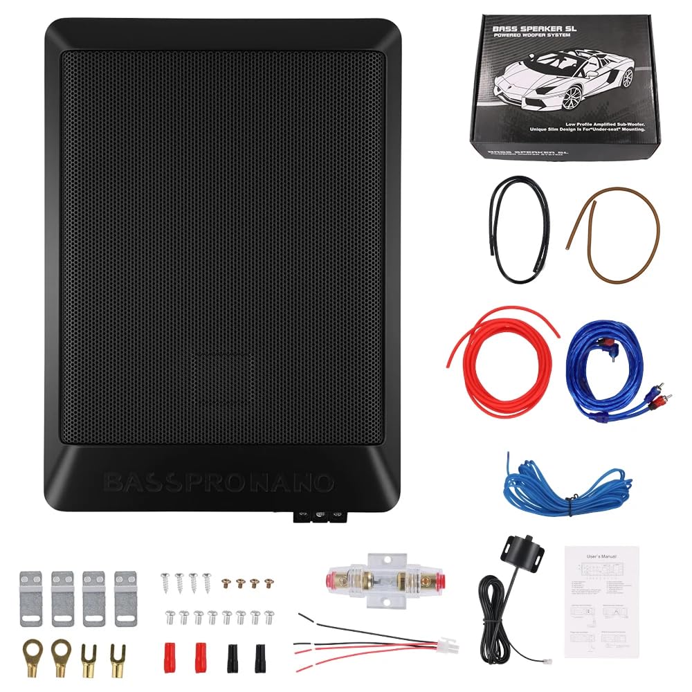 Podofo Aktywny subwoofer samochodowy 600 W, ultra cienki głośnik pod siedzeniem, wzmacniacz basowy 12 V 4 omy, 28 x 20 x 7,5 cm, z kablem wzmacniacza i kompletnym zestawem instalacyjnym