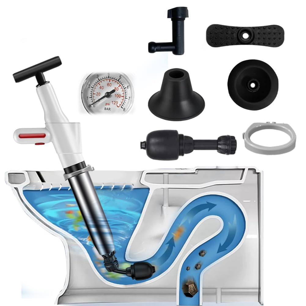 Kit de débouchage haute pression avec indicateur de pression d'air, pompe à air comprimé avec 4 embouts, déboucheur universel pour toilettes, lavabo et douche