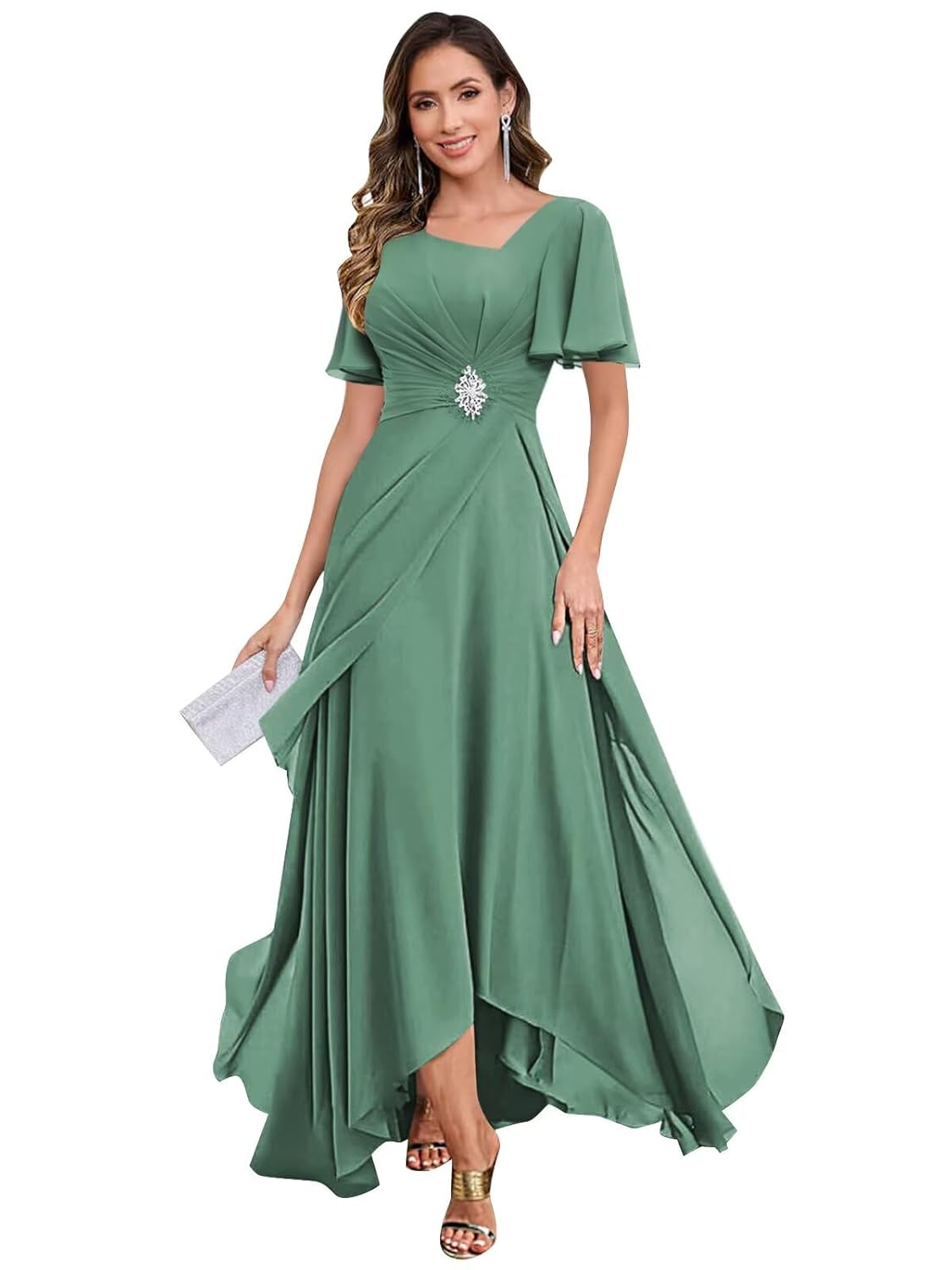 BONOYUER Chiffon Mother of The Bride Dresses for Women with Sleeves V Neck Beaded Formal Wedding Guest Dress