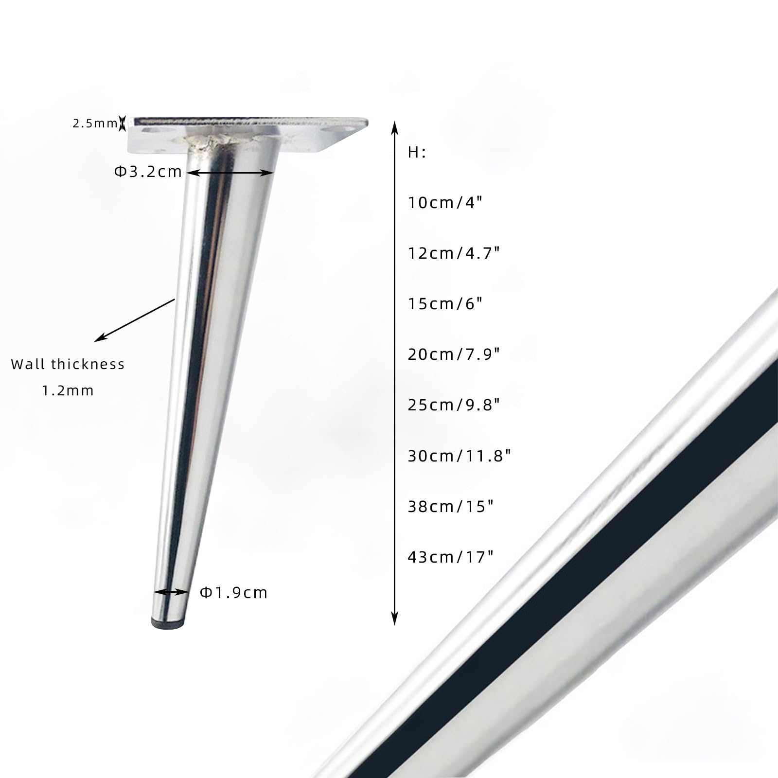 Piedini per Mobili 30cm Cono, 4 Pezzi Gambe Mobili Ricambio Piede Cromo | Gambe del Divano Ferro Placcatura Piedi Armadio Altezza: 10-30cm Piedini per Armadietto 30cm/11.8"