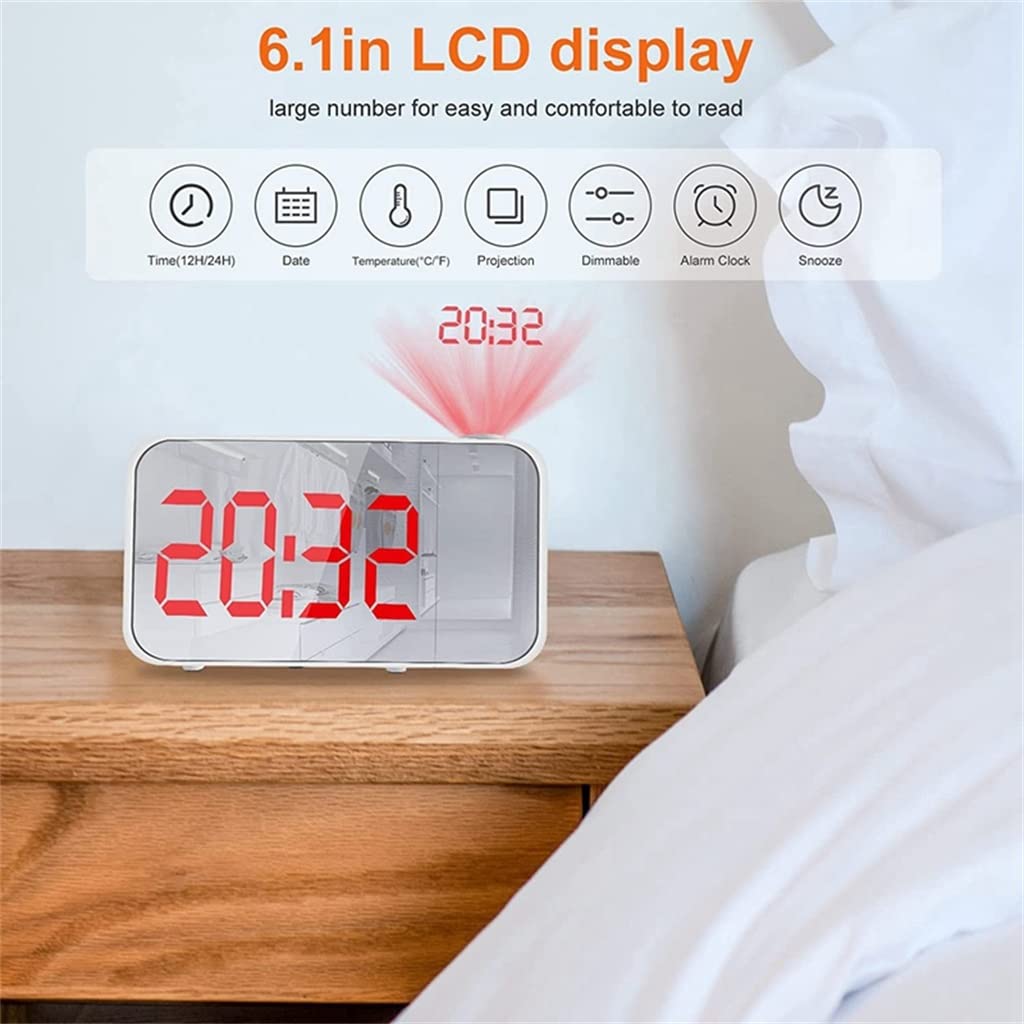 JFDBGU Dormitorio Proyección de Alarma Digital electrónica 6 Pulgadas LED Reloj Despertador de Espejo con Temperatura Ambiente.