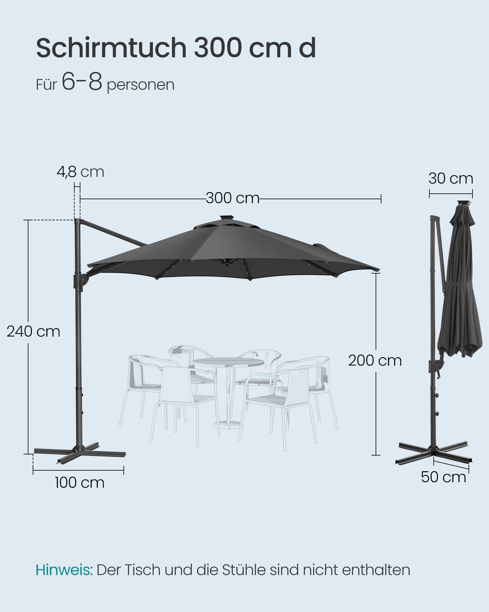 SONGMICS Sonnenschirm Ampelschirm 300 cm 28 Solar-LED-Leuchten | UPF 50+, Gartenschirm, um 360° drehbar, Neigungswinkel stufenlos verstellbar, mit Kurbel, Kreuzfuß, grau GPU047G02