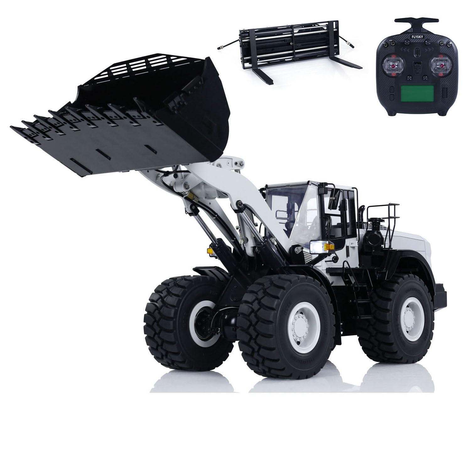 wheelfun 1/14 RC Metal Hydraulic Loader WA480 Remote Control Construction Heavy Machine Quick Coupler Fork Bucket Light Sound ST8 Radio Hobby Grade Model(White)