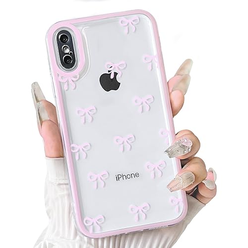 NITITOP Compatible with iPhone Xs Max Case Cute Clear Durable Ribbon Bowknot Pattern for Girls Women Soft TPU Transparent Full Camera Lens Shockproof Protective Phone Cover - Pink