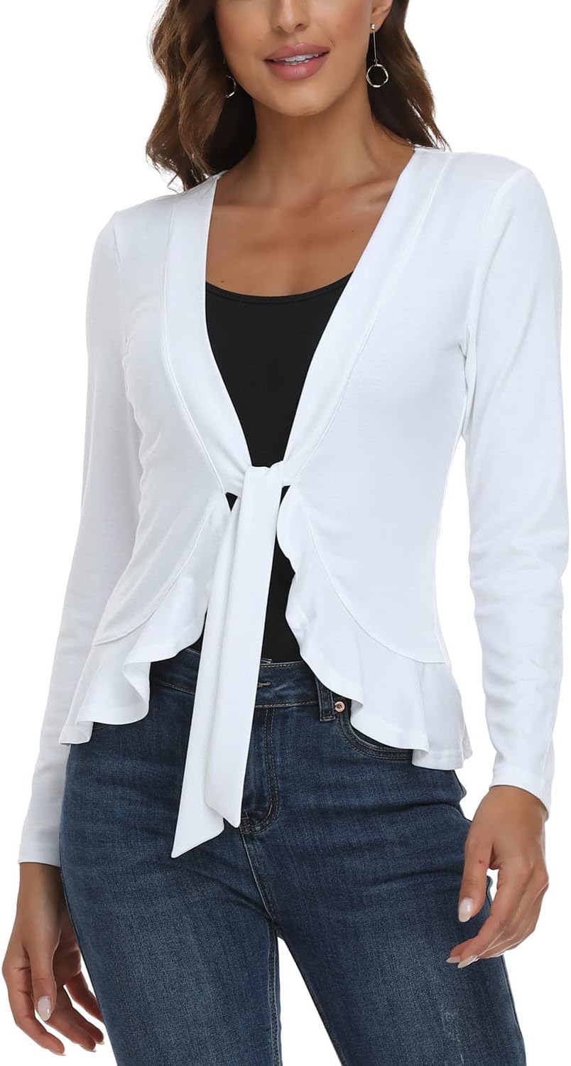 andy & natalie Women's Ruffled Tie Front Cardigan Long Sleeve Open Front Bolero Shrugs - Image 5