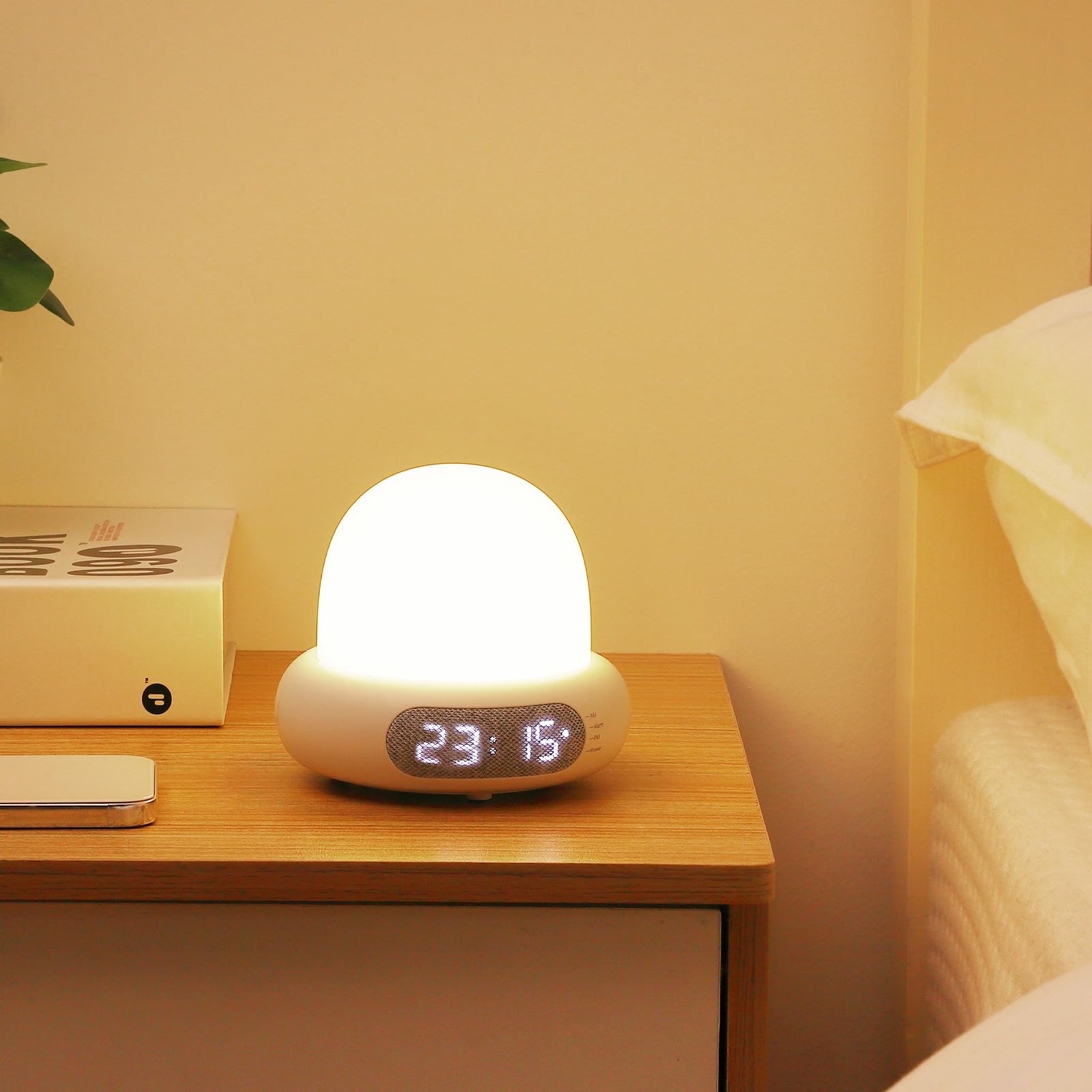 Fulasofia Bedside Lamps, Children's Night Light with Colour Change Mode, Timer and Alarm Function, Time Display, USB Rechargeable for Bedroom Living Room