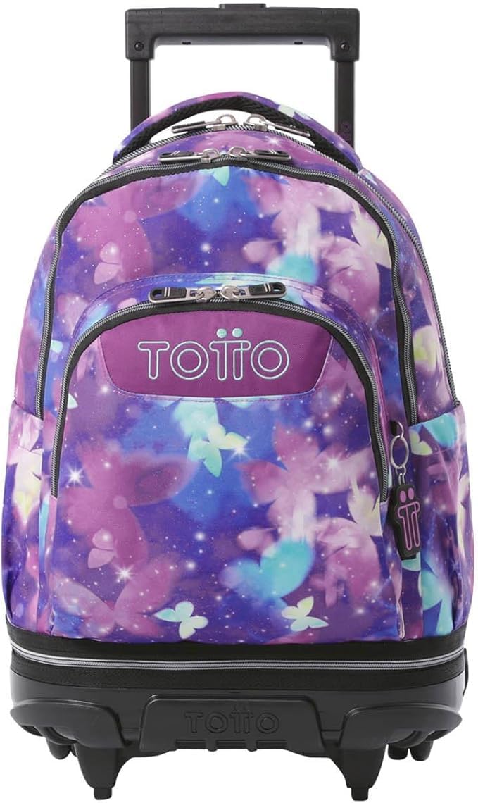 TOTTO - Mochila Escolar con Ruedas Desmontables, Modelo Tiza, Capacidad 26 L, Mochila PC 15.4", Bolsillo Botella, Manija Telescópica, Espaldar Ergonómico y Correas en S, Color Star Butterfly Glitter