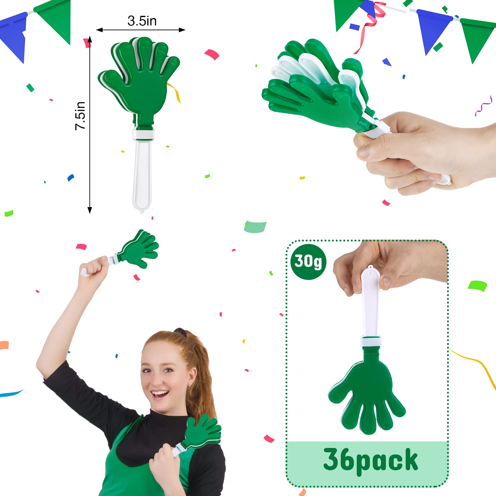 36 Pcs Green White Hand Clapper Noise Makers 7.5 x 3.5 Inch Noise Makers for Sporting Events Clappers Noisemakers for Birthday St. Patrick's Day Party Favors Classroom Prizes