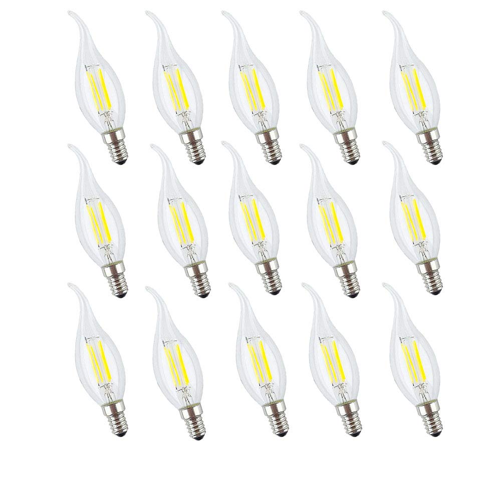E14 Bombillas de Vela Edison LED 4W 400LM,Bombilla Halógena Equivalente a 40W,6500K Blanco Frío,Luz de Iluminación Transparente de Tornillo Edison Pequeño No Regulable 15 Paquetes