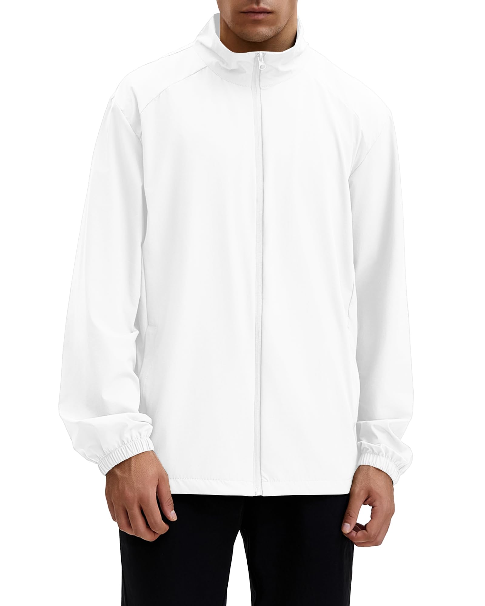 Locachy Men's UPF 50+ Sun Protection Lightweight Outdoor Full Zip Stand Collar Windproof Athletic Running Jackets White M