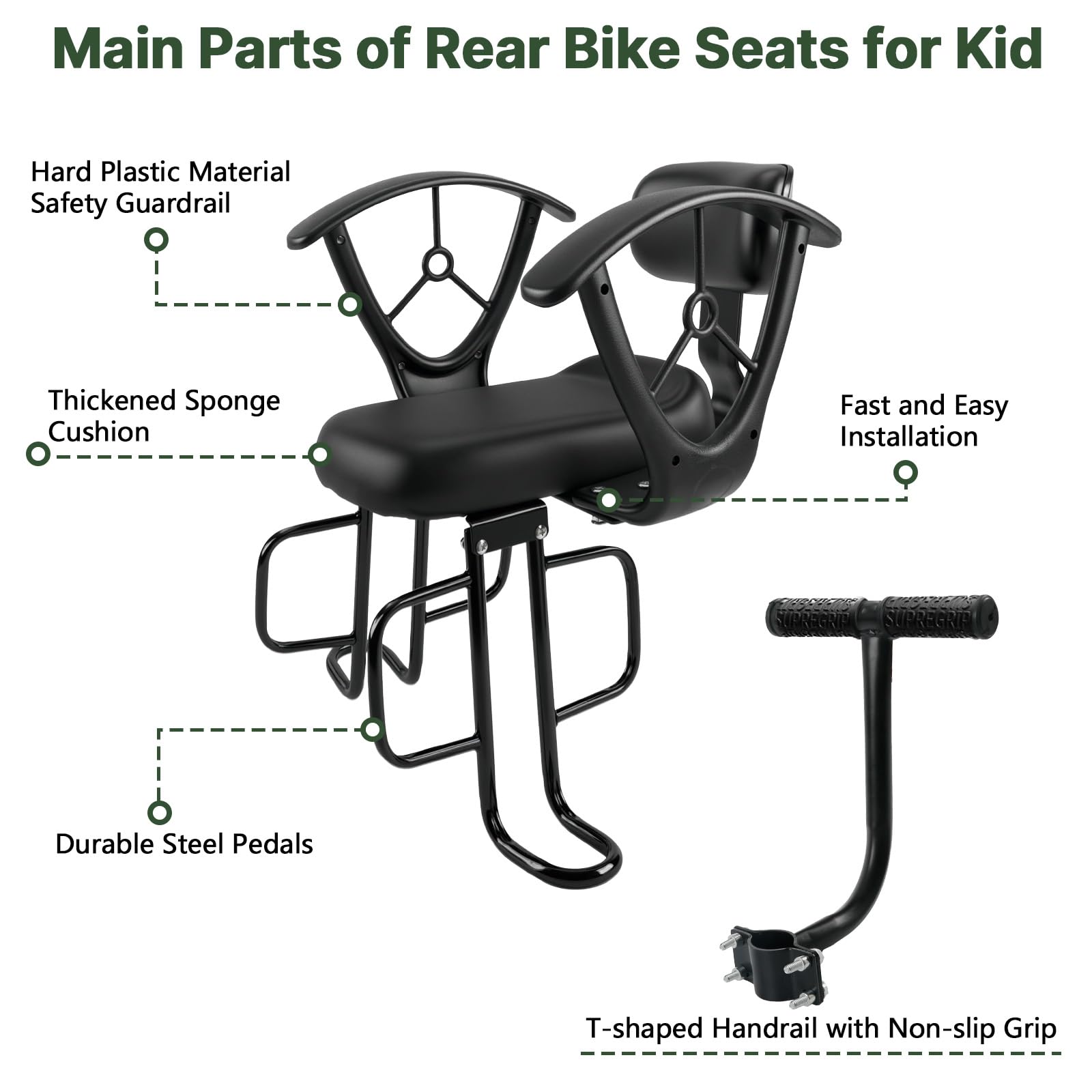 Honeyhouse Siège de vélo arrière pour enfant avec main courante, siège de vélo réglable pour enfant avec accoudoir de sécurité et pédales de sécurité, siège arrière de sécurité pour enfant de 2 à 6