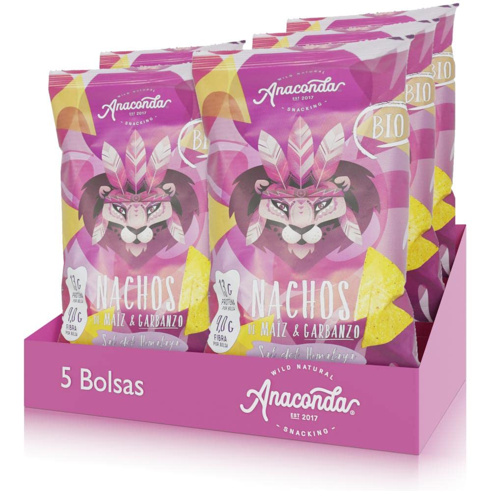 Anaconda Foods - Pack de 5 bolsas de Nachos de Maíz y Garbanzos Bio Orgánico de Grano Entero con Sal del Himalaya - Plant Based - Formato: 5 Bolsas x 125g