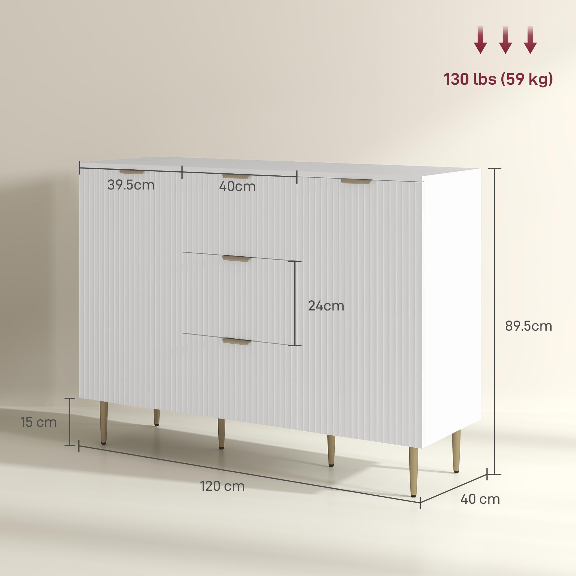 HOMCOM Credenza Cucina Buffet Moderna 3 Cassetti 2 Ante 120x40x90 cm Bianco | 2 Armadietti, Ripiani, Piedini Regolabili, Mobile Cucina, Madia Soggiorno Moderna, Ingresso, Legno