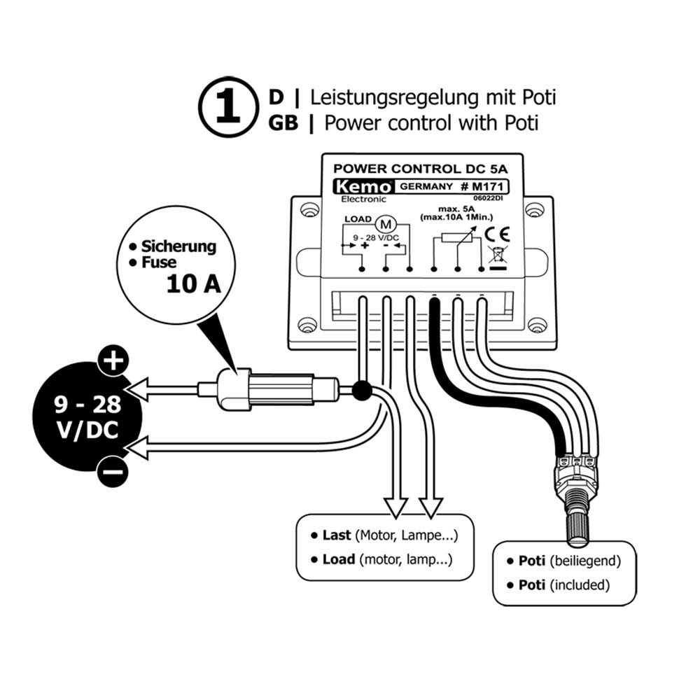 Kemo M171 PWM Leistungsregler 9 - 28 V/DC, max. 10A. Regeln von Gleichspannungslasten: Motoren, Glühlampen, Heizungen, LED's mit Vorwiderständen