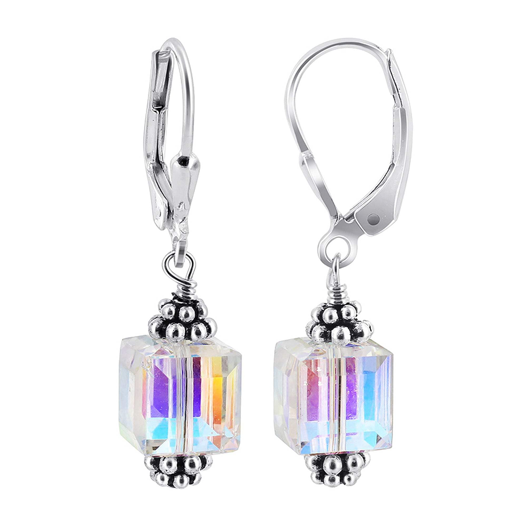 925 Sterling Silver Clear AB Austrian Crystal 8mm Cube with Bali Beads Handmade Drop Earrings