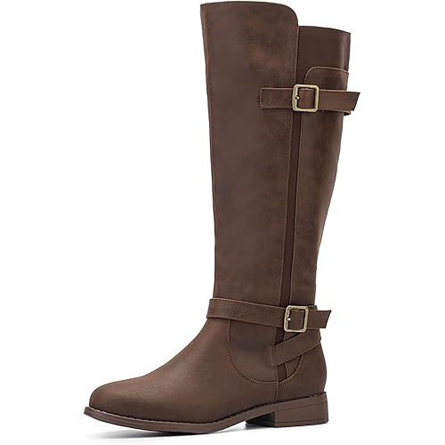 ALLOT Women's Knee High Boots Stretchy Fashion Riding Boot Flat Low Heel Buckle Strap Winter Motorcycle Shoes