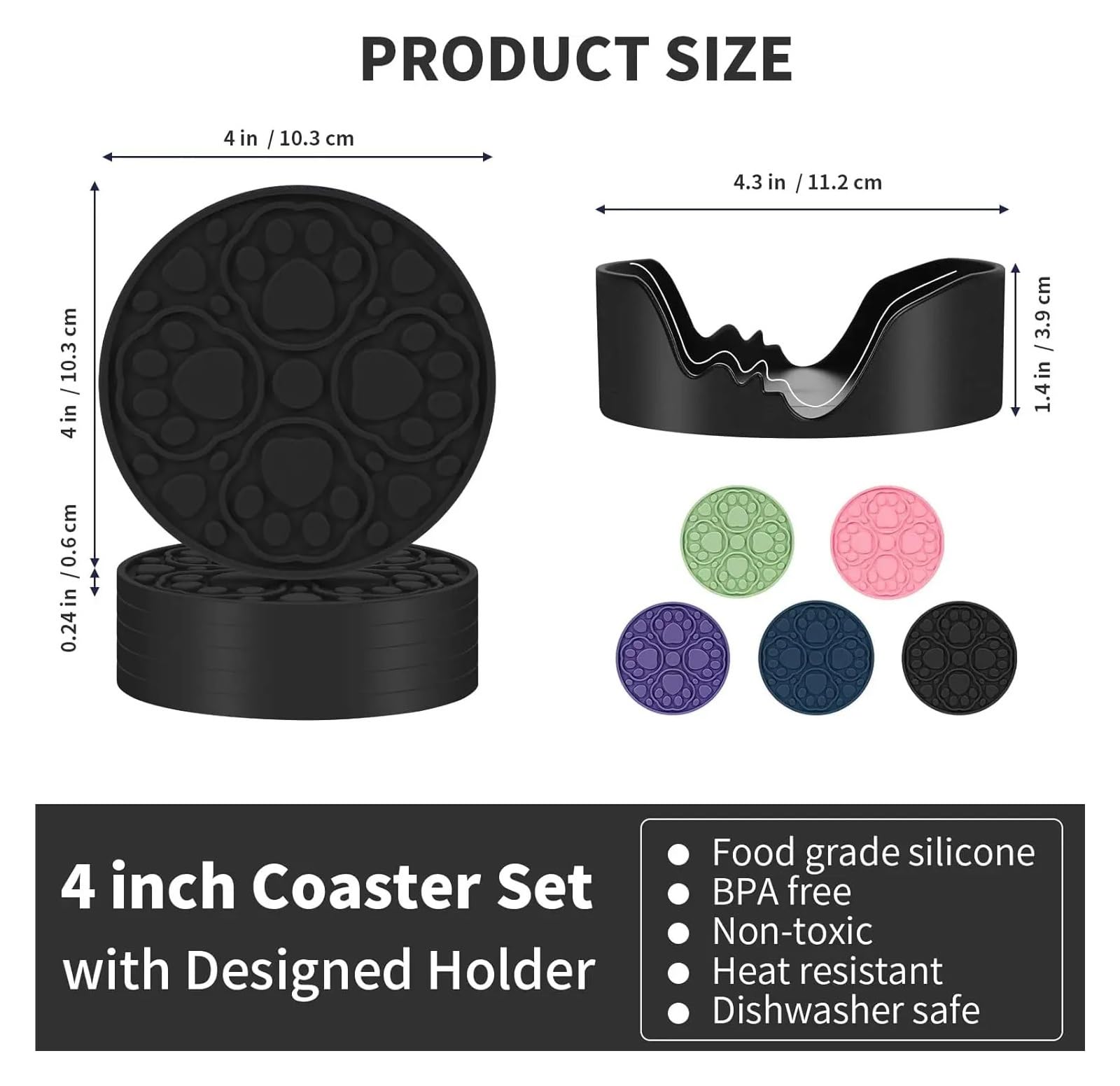 Sottobicchieri Auto Silicone Sottobicchieri in silicone nero con supporto, sottobicchieri for bevande antiscivolo da 4 pollici set di 6, sottobicchieri decorativi for scrivania, tavolo, caffè