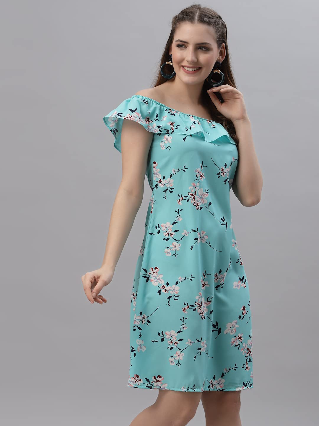 Oomph Women's Western & Fusion Wear Mini/Short A-Line Light Green Dress In Crepe Fabric With Off Shoulder And Off Shoulder Sleeve - Md499Xl