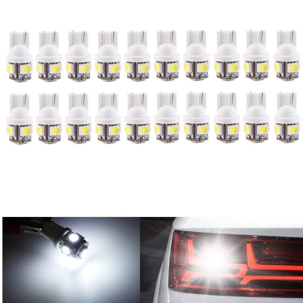 Yolu 20Pcs Super White T10 Wedge 5-SMD 5050 LED Light bulbs W5W 2825 158 192 168 194 for Car Boot Trunk Map Light Number Plate License Light