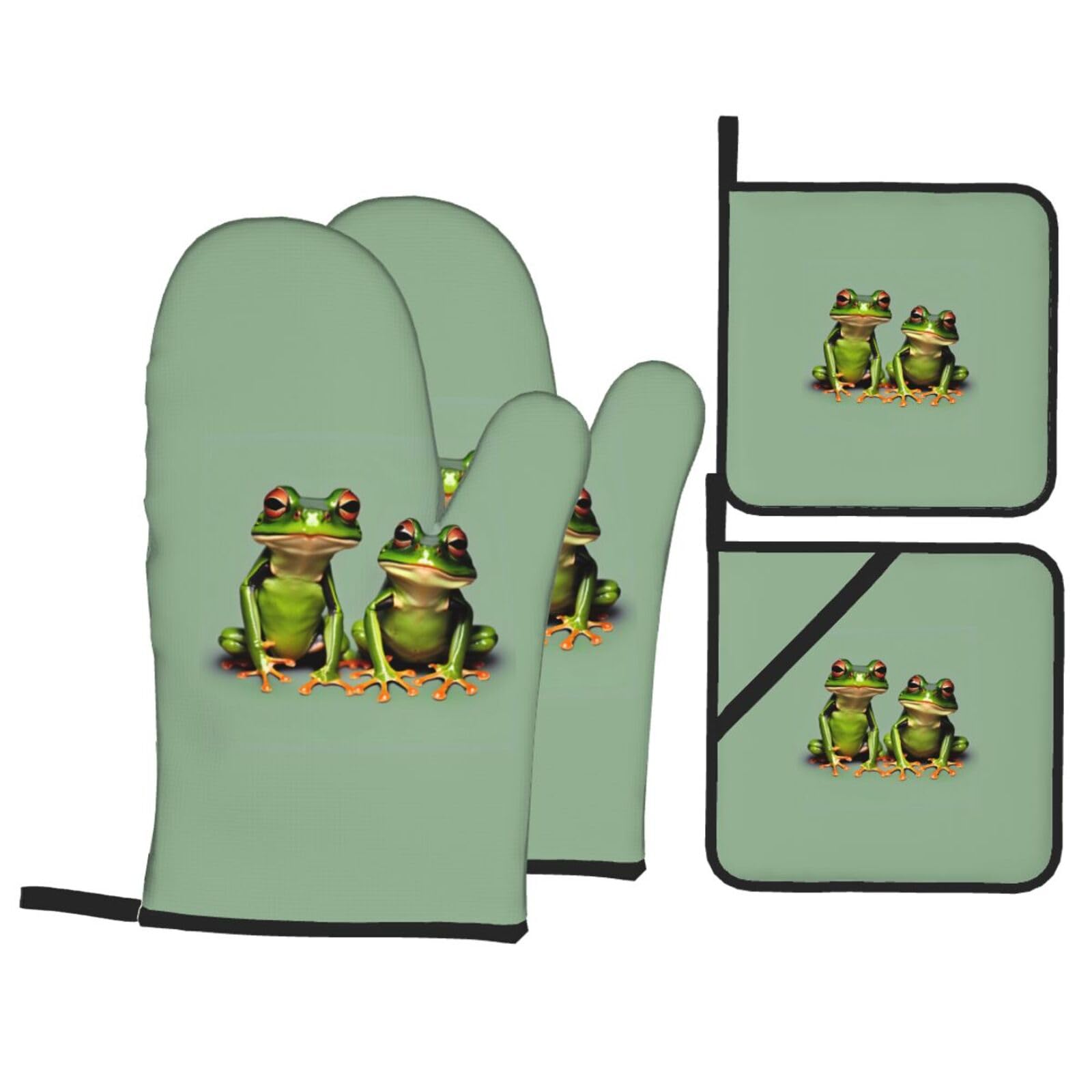 Nimongt Black Funny Green Frogs 1 Print Heat-Resistant 4-Piece Oven Kitchen Gloves For Baking Cooking Microwaving Essentials
