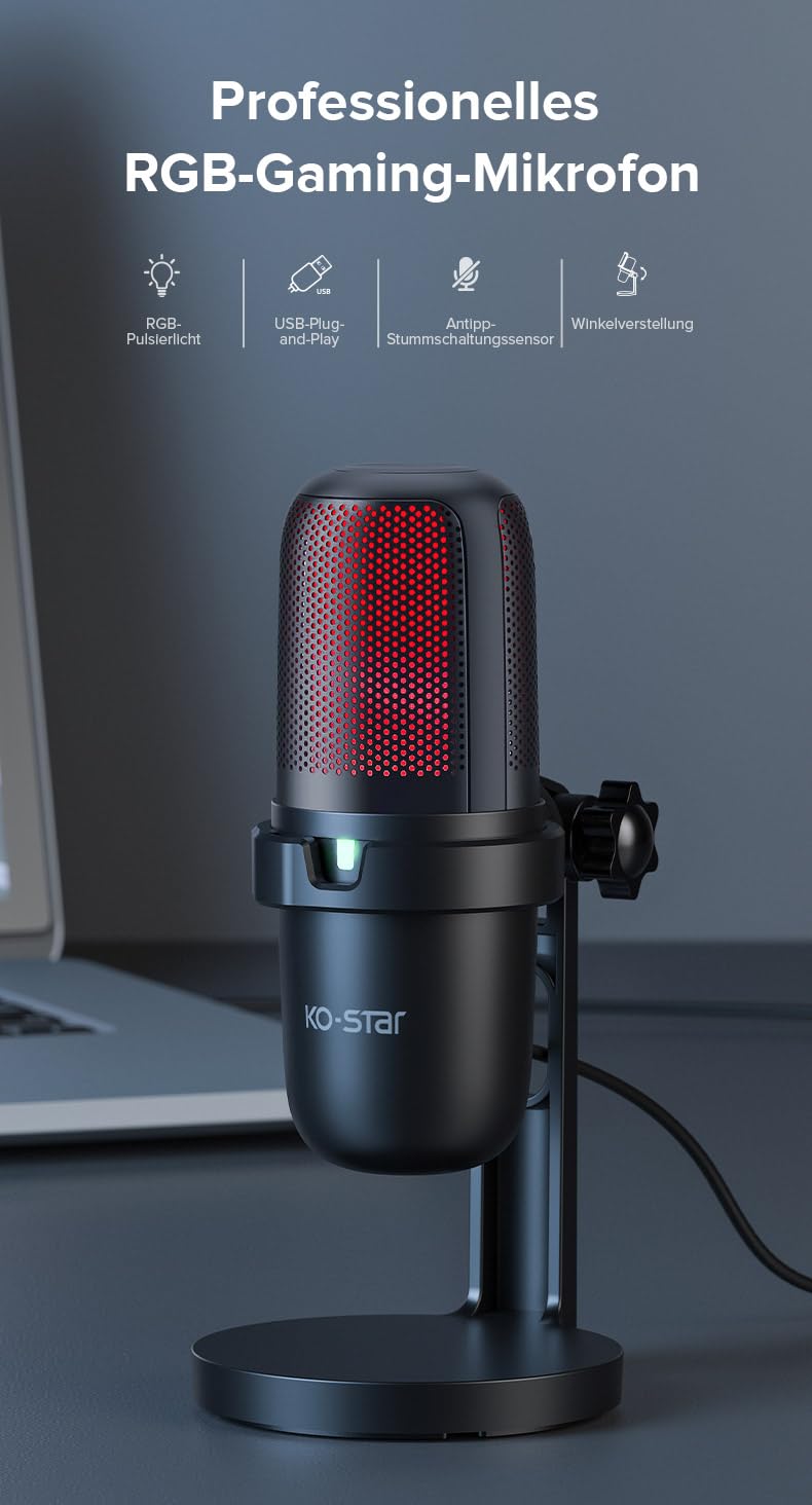 KO-Star M-630S USB Gaming Mikrofon RGB – Nierencharakteristik, Touch-Stummschaltung, Plug & Play, Metall-Pop-Filter, Verstellbarer Winkel, 2 m Kabel, USB-C/USB-A