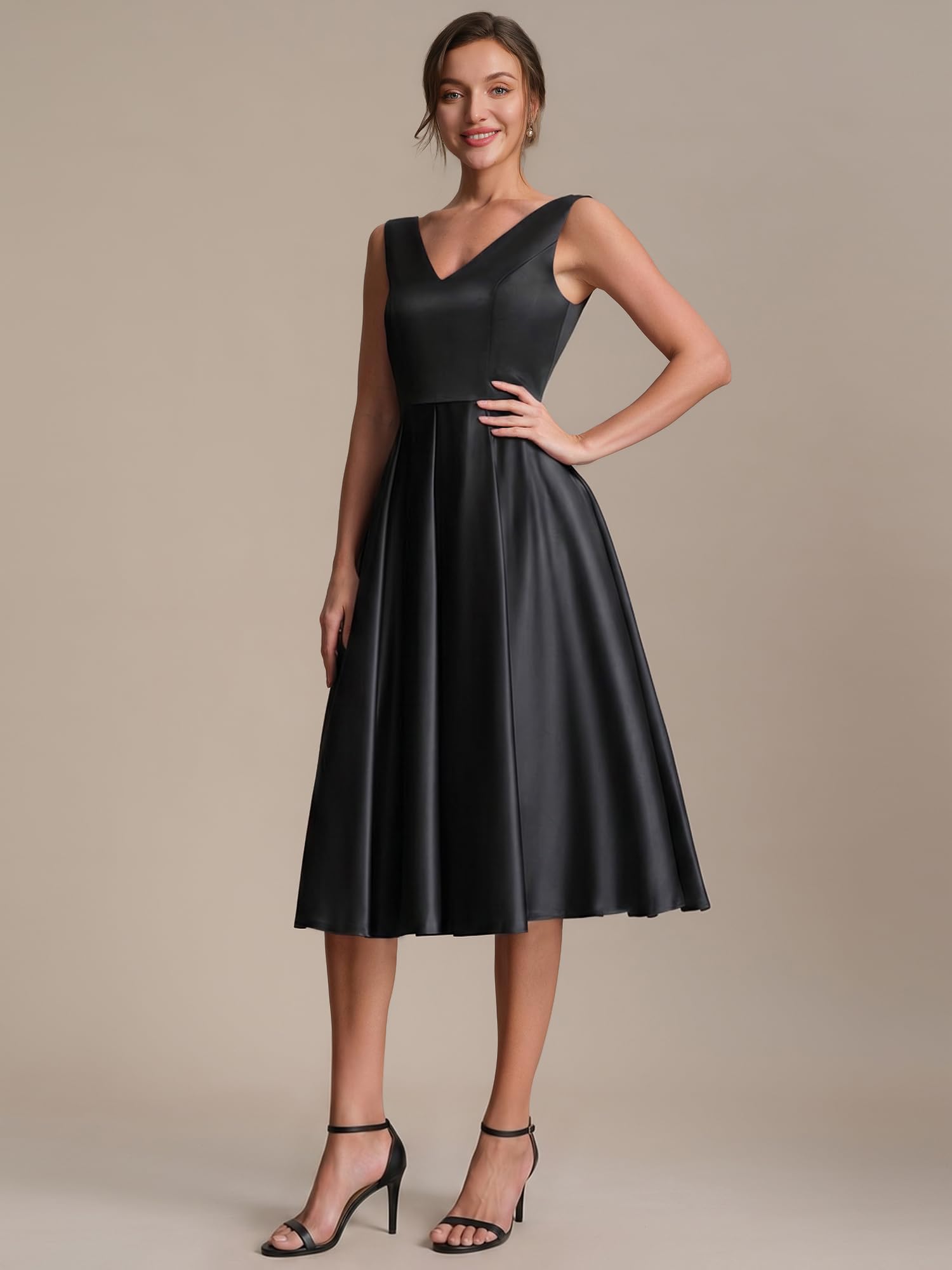 Ever-Pretty Robes d'Invité de Mariage Col en V sans Manche Satin Midi EG02774