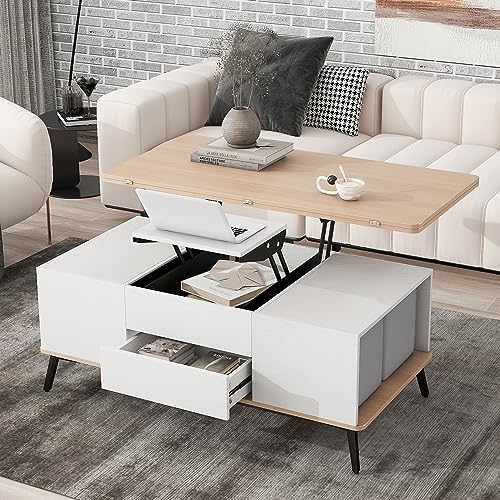 Tdewlye 5 Pieces Lift Top Coffee Table Set with Storage Convertible Dining Table with Ottomans,for Living Room Bedroom Office Dining Room (Antique White)