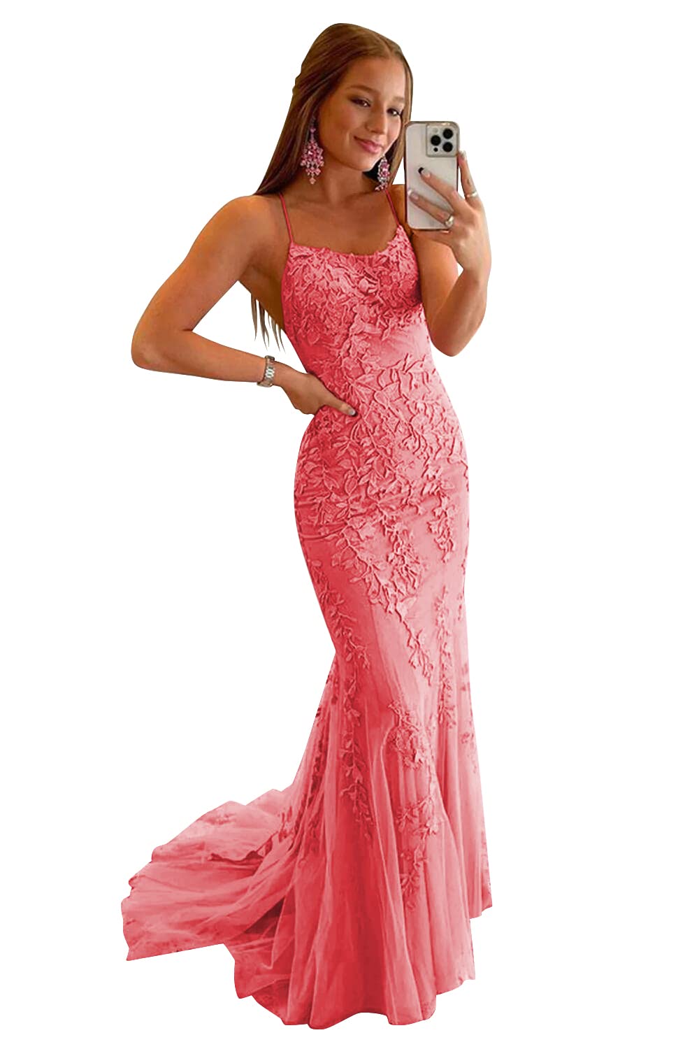 Clothfun Women's Long Lace Prom Dresses Mermaid Spaghetti Straps Backless Formal Evening Gowns