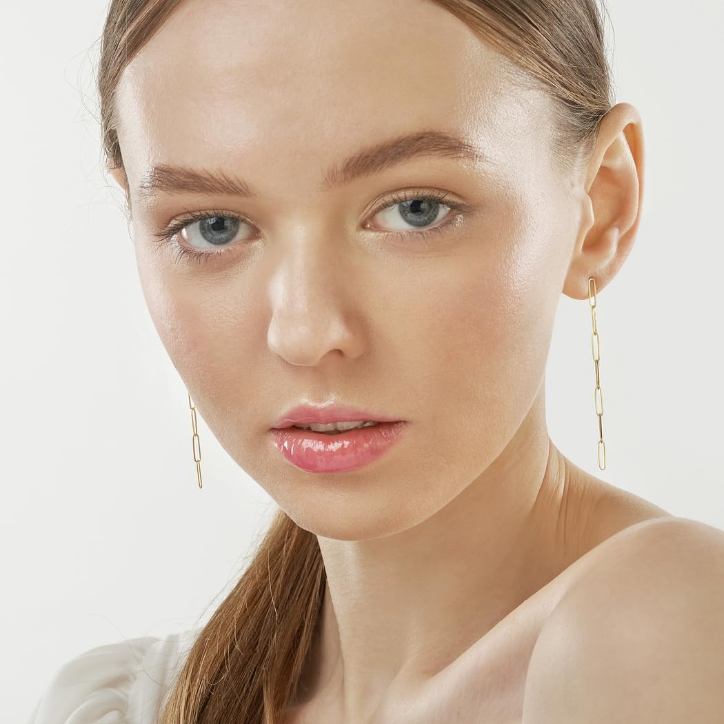 14k Yellow Gold Long Paper Clip Dangle Earrings Clip on Earring for Women