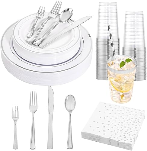Ciaell 250 platos de plástico plateado  Platos desechables de fiesta plateados  Los platos de plástico blanco y plateado incluyen 50 platos, 75