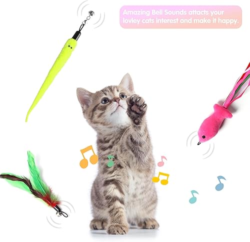 Miniatura 4 de Varita de juguete retráctil para gatos, 12 paquetes de juguetes interactivos de plumas para gatos, 9 recambios surtidos con campana para gatito