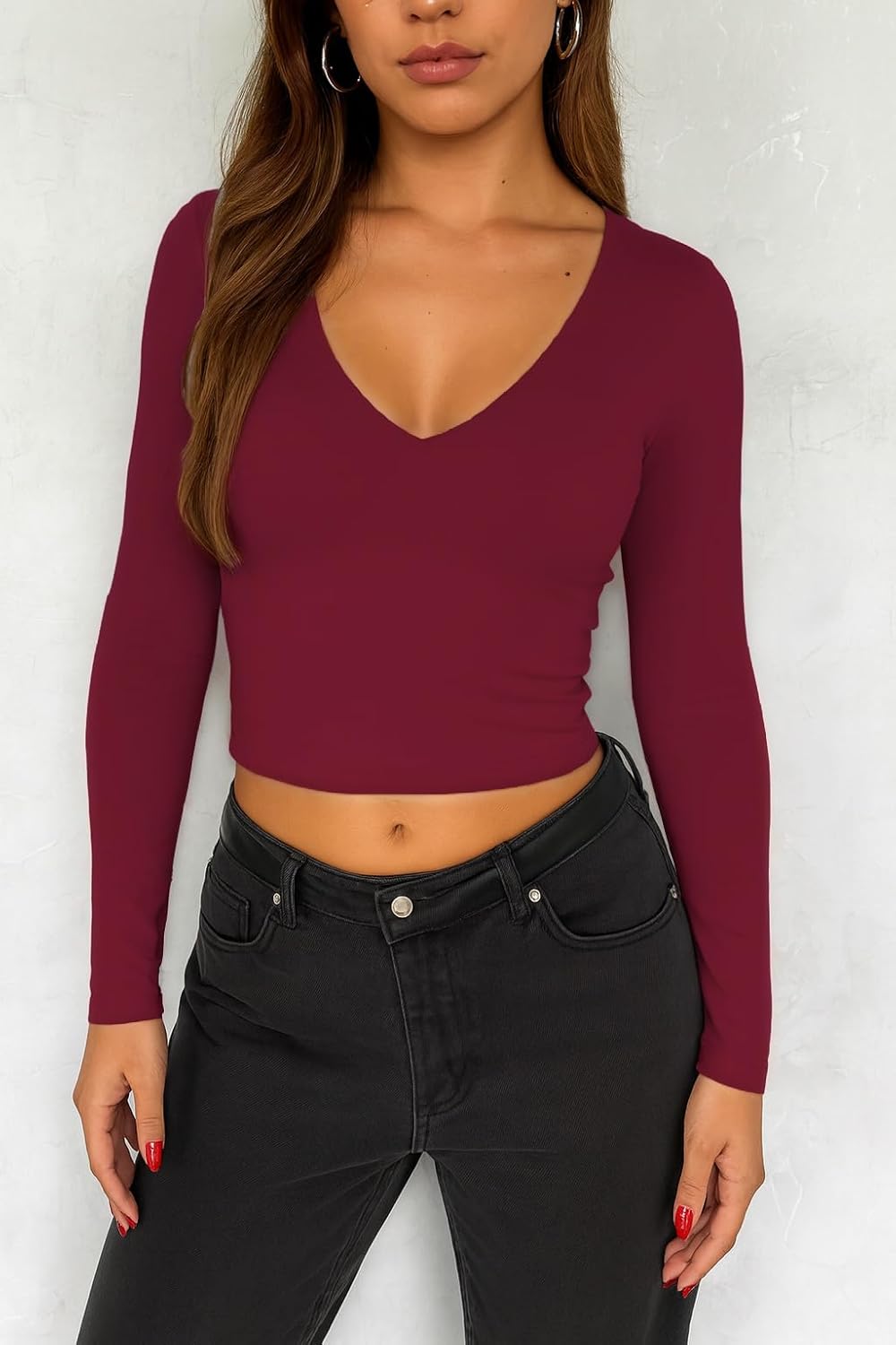 ForeFair Womens Long Sleeve Crop Tops Shirts Casual V Neck Going Out Top Double Lined Slim Fitted Basic Tee - Image 5
