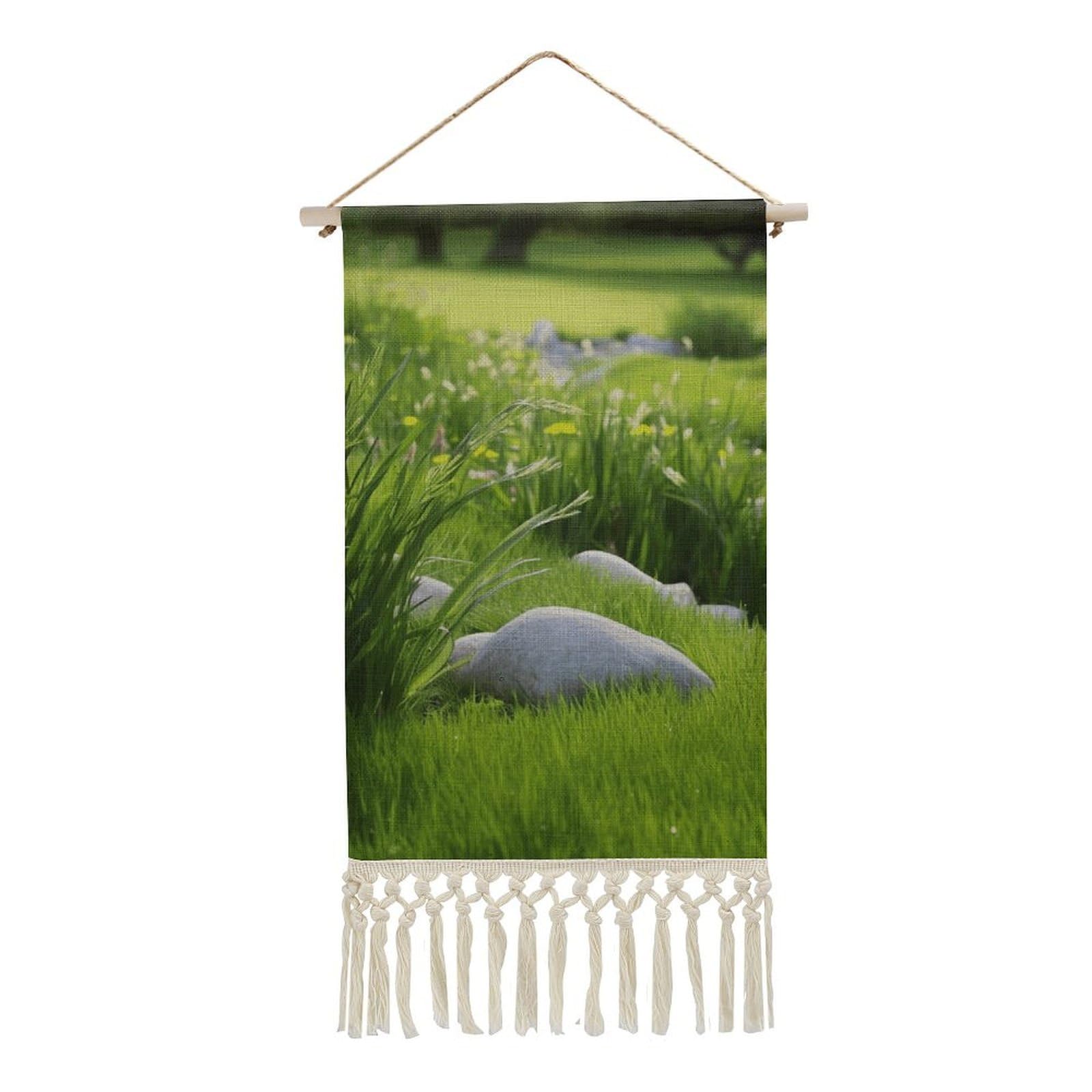 BTCOWZRV Cotton And Linen Hanging Poster with Tassels, Spring Green Grass Wall Hanging Tapestry Vintage Wall Art Painting Modern Artwork Decoration for Home Decor Ready to Hang 10x19.6 in