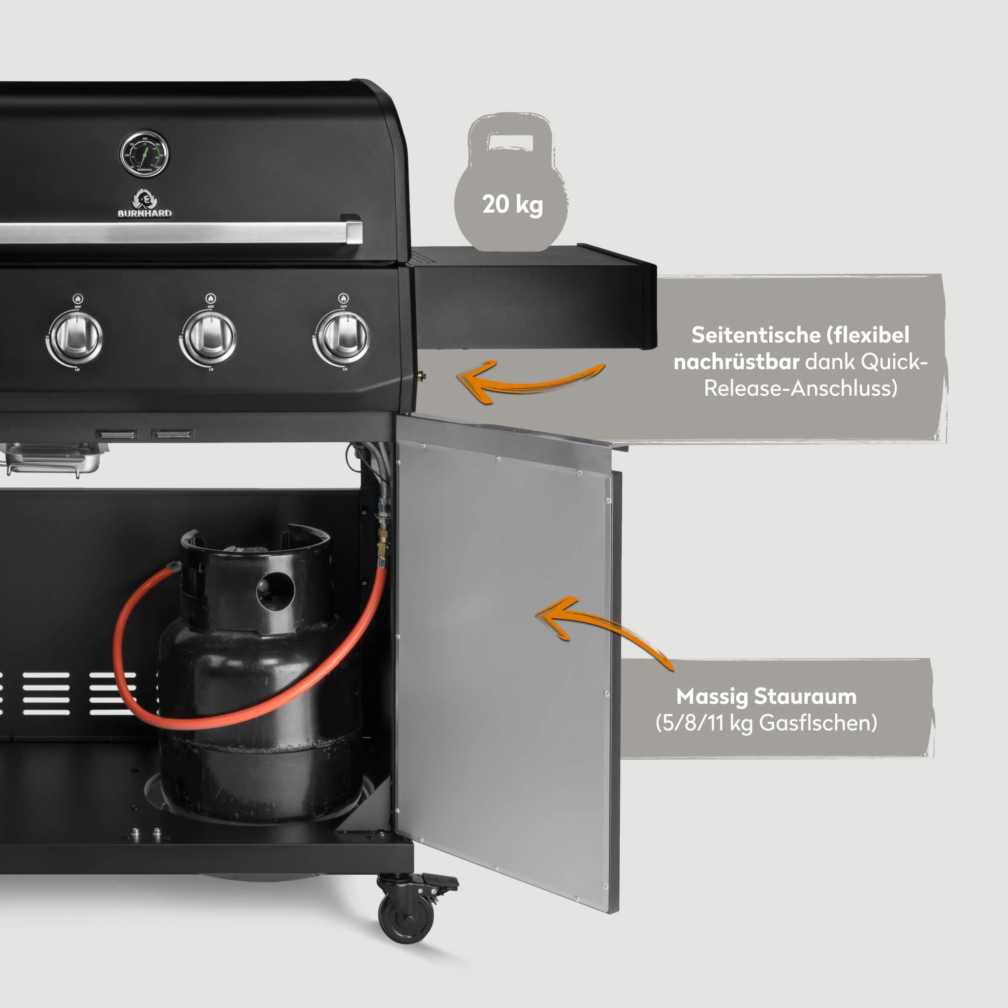 BURNHARD® Gasgrill 4-Brenner, 15 kW, 4 Edelstahlbrenner, Piezo-Zündung, große Grillfläche 70x41,5 cm, Gussrost, für bis zu 15 Personen, Outdoor BBQ – Big FRED Base