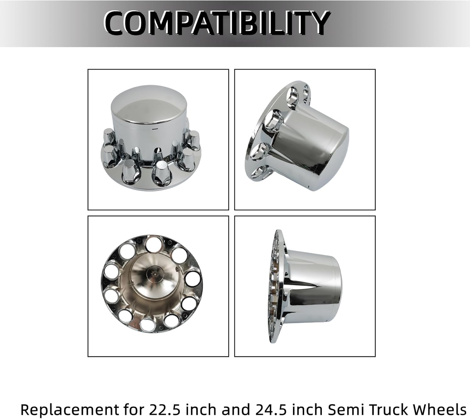 labwork Chrome Rear Wheel Axle Hub Cover Kit 33mm Nut Covers ABS Plastic Set of 4 for 22.5 in & 24.5 in Semi Truck Wheels