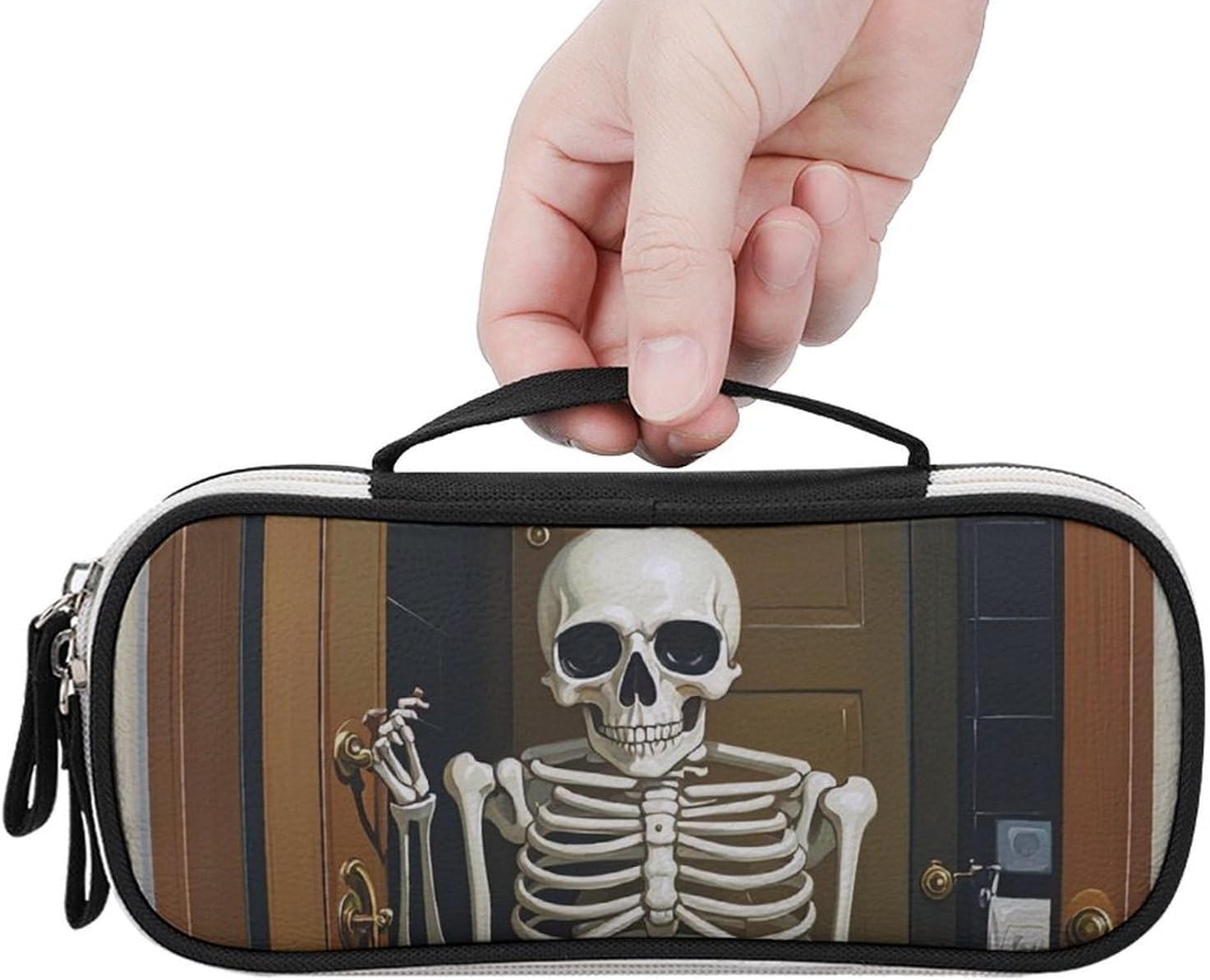 Funny Skeleton Bathroom Canvas Leather Makeup Bag Portable Small Cosmetic Organizer Waterproof Toiletry Bags Brushes Pencils And Travel Make Up Accessories image 4