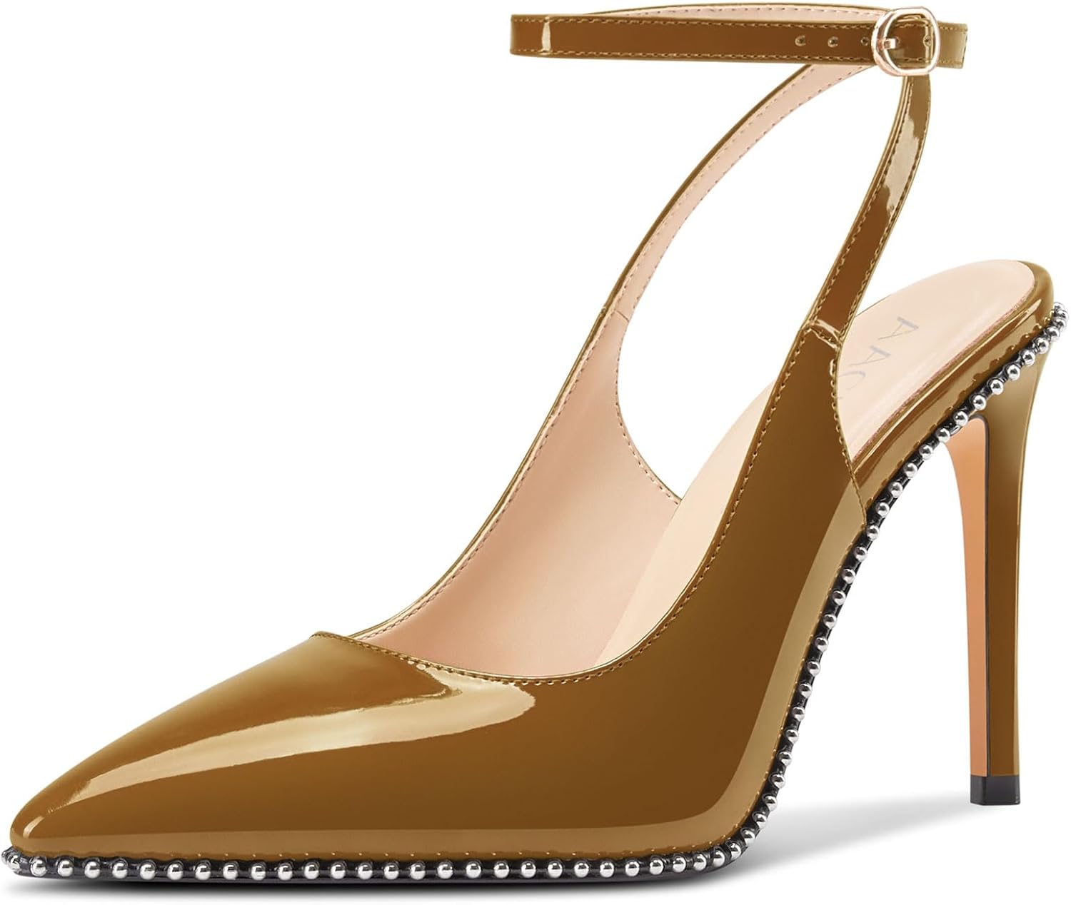 Aachcol Womens Ankle Strap Pointed Toe Beaded Pumps Slingback Stiletto High Heels Wedding Prom Patent Leather Dress Shoes 3.9 Inches Heels