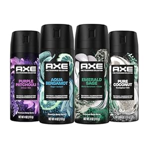 AXE Fine Fragrance Body Spray Variety Pack 4 Pack Everyday Essentials – Emerald Sage, Aqua Bergamot, Purple Patchouli, Pure Coconut Aluminum Free 4 oz
