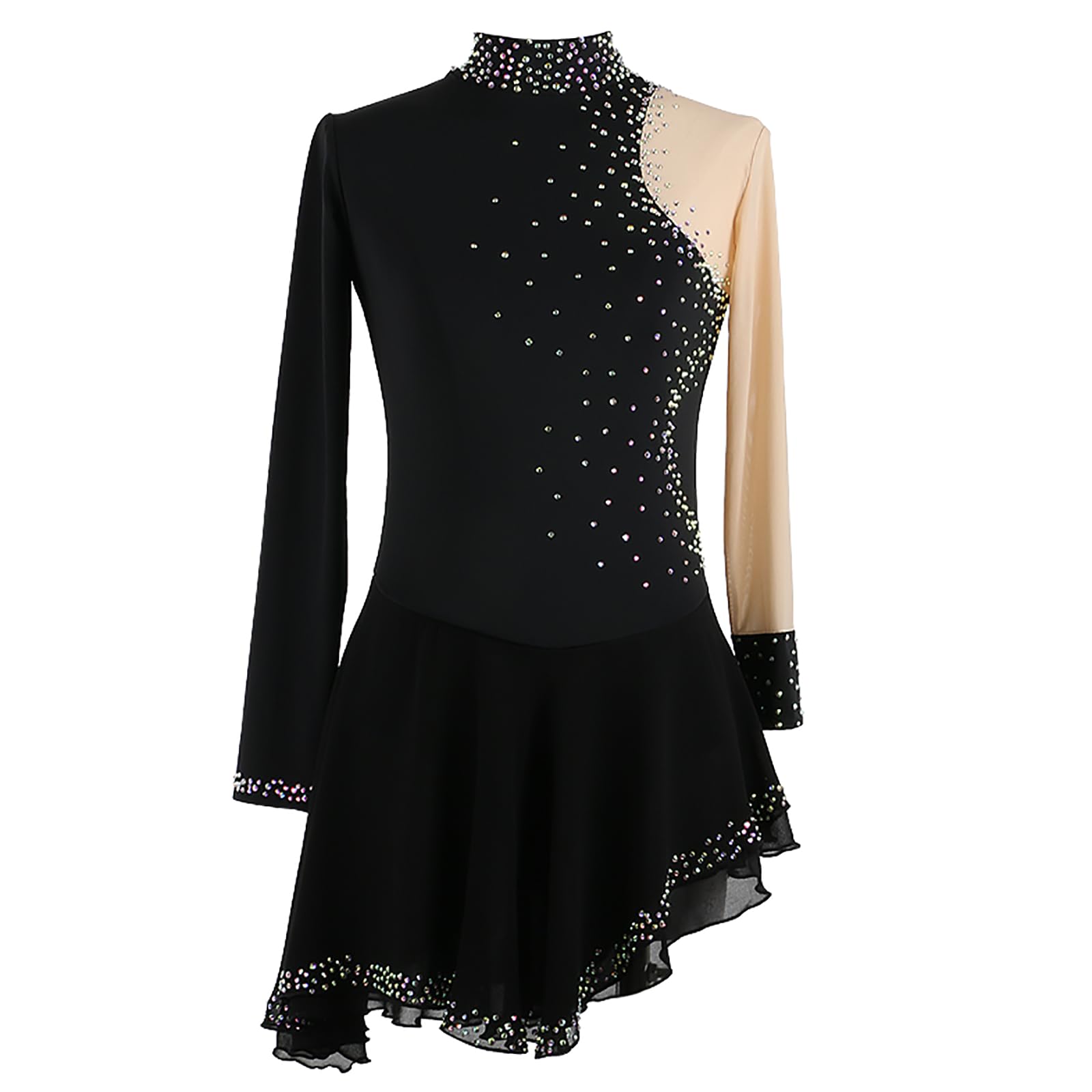 Enfants Filles Robe Strass Patinage Artistique Justaucorps Asymétrique Robe de Danse Latine Manches Longues Robe(Size:S,Color:Noir)