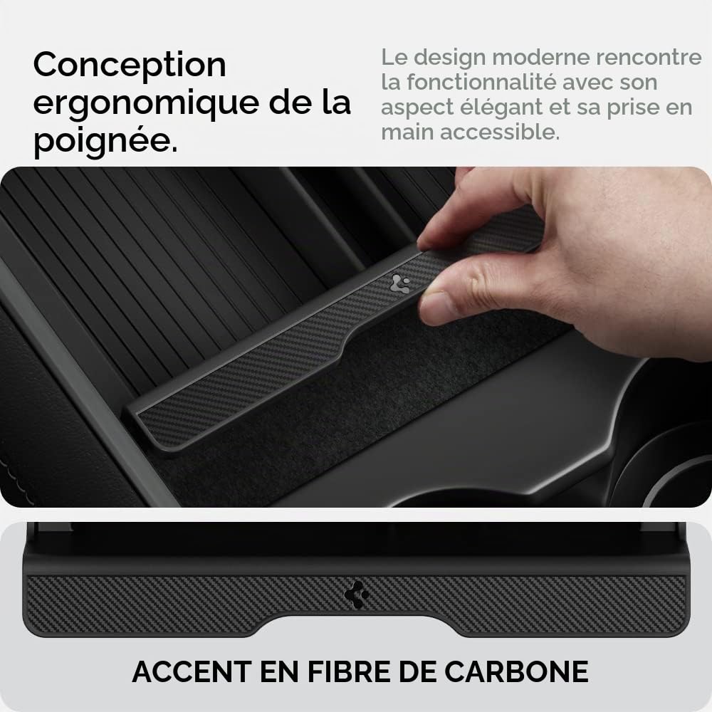 Spigen Tesla Model Y (~2024) Model 3 (2021-2023) Organiseur Console Centrale [Technologie Coulisser], Plateau de Rangement pour Console Centrale, Accessoire Tesla - Édition Carbone