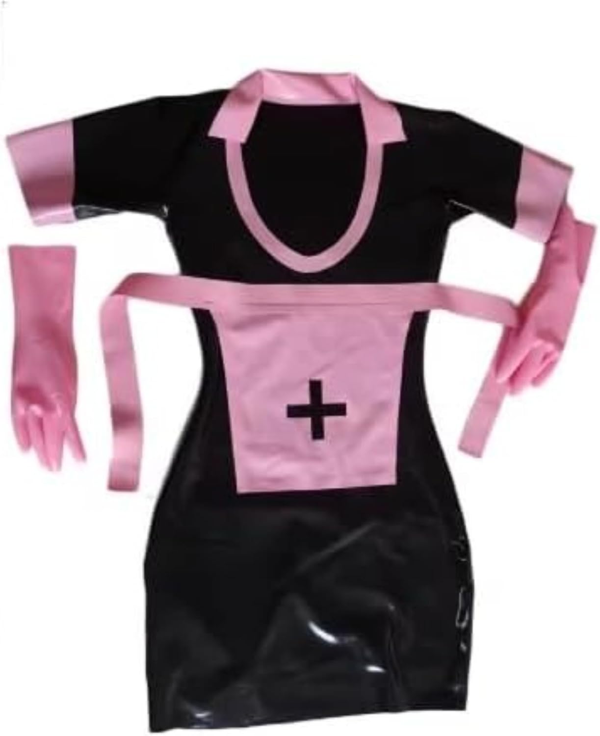 Sexy Women's Maid Black Latex Dress Rubber One-Piece Long Pink Apron Gloves with Back Zipper